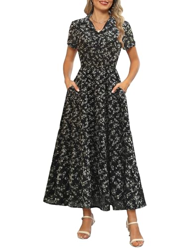 Image of Kranda Women 2026 Summer Collared V Neck Short Sleeve Button Down Chiffon Long Tiered Floral Maxi Dress with Pockets