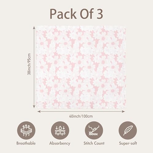 Image of GLLQUEN BABY Muslin Swaddle Blankets for Newborn Girls, Large 40''x38'' | 3Pk, 100% cotton, ultra soft and breathable, gentle on sensitive newborn skin, Multi-use as swaddle wrap, receiving blankets