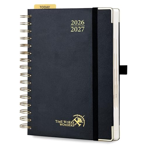 POPRUN 2026-2027 Daily Planner One Page Per Day 5.75 x 8.5 Academic Daily Calendar Book with July 2026 to June 2027 Hardcover Appointment Book with Hourly Time Slots Spiral Bound Monthly Tabs - Black