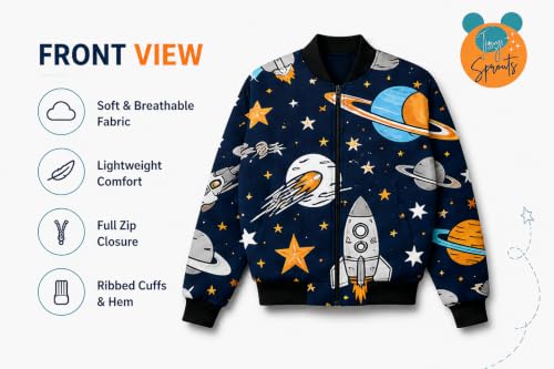 Image of Tiny Sprouts Kids Jacket | SpaceMan Theme | Warm Quilted Fleece | Unisex | Ages 5-14