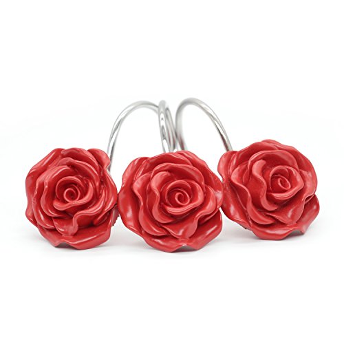 Beavo Shower Curtain Hooks, Home Decorative Rustproof Shower Curtain Hooks Resin Rose Flower Shower Hooks Rings For Bathroom Shower Rods Curtains,Set Of 12 Hooks (Red) #TOP1