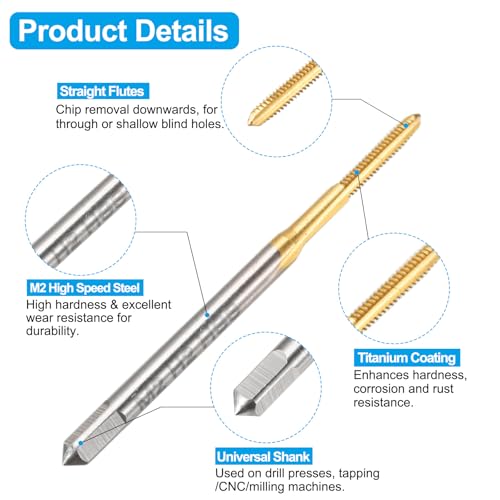 sourcing map Tap and Drill Bit Set, 1pcs M2 x 0.4 Straight Flute Thread Screw Tap & 1pcs 1.6mm Twist Drill Bit, Titanium Coated HSS-6542 Tapping Threading Tool Kit 3 sourcing map Tap and Drill Bit Set, 1pcs M2 x 0.4 Straight Flute Thread Screw Tap & 1pcs 1.6mm Twist Drill Bit, Titanium Coated HSS-6542 Tapping Threading Tool Kit - Image 3