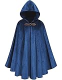 GRAJTCIN Renaissance Hooded Cape Velvet Cloak with Hood for Mens Capelet Victorian Medieval Hobbit Halloween Costume(39', Blue)