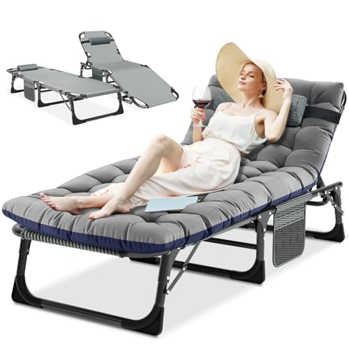 Ryuhic Chaise longue pliante avec matelas - Grande chaise de jardin pliante avec poche latérale et appuie-tête - Lit de camping pliable pour l'extérieur et...