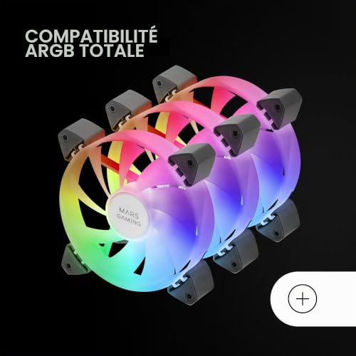 Mars Gaming MF-3A, Kit 3X Ventilateurs FDB Ultra Silencieux 120mm, Eclairage ARGB Rainbow 360° Sans Cadre, Compatibilité Totale avec Double Connecteur Mâle + Femelle, Noir