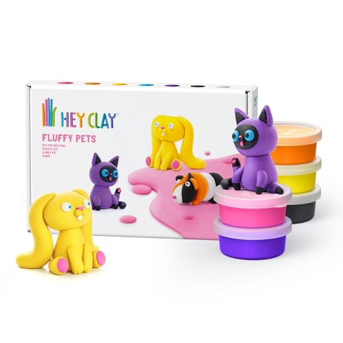 Hey Clay Fluffy Pets Modelliermasse medium Set Haustiere Modelliermasse für Kinder in Packung mit 3 Motiven 6 Farben Set mittel Katze Kaninchen Hamster Mit interaktiver ungiftiger App