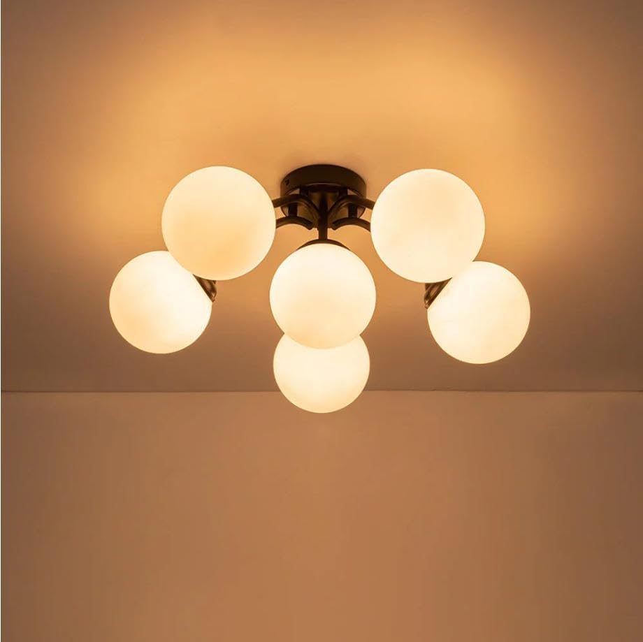 Sputnik Bubble Chandelier, Modern Semi-Flush Mount Ceiling Light Fixture with Brushed Brass Finish and Milky White Glass Globes, Dimmable for Living Room Dining Room Bedroom (Black, 6 Light)