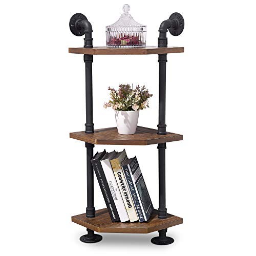 Ivinta Industrial Wall Mount Pipe Shelves, 3-Tier Corner Shelf With Solid Wood, Corner Bookshelf Display Stand,Metal Standing Bookcase (3-Tier) #TOP17