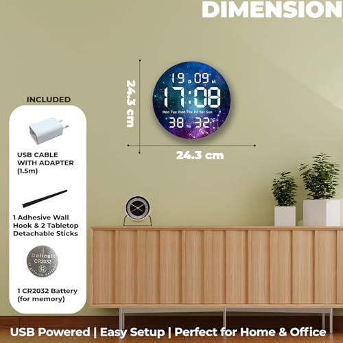 Image of Amazon Brand - Umi Acrylic Digital Wall Clock for Bedroom Living Room Stylish LED USB Tabletop 3D Picture Clocks with Time Day Date Month Temperature Display for Home Office 24.3x24.3cm (Stary Night)