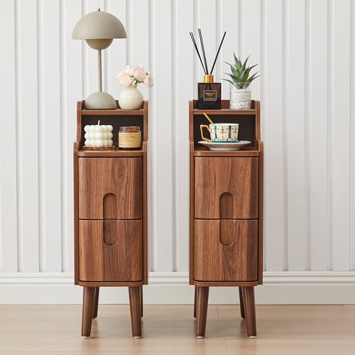 Narrow Nightstand Set of 2 Wood 2 Drawer Small Nightstand Slim Side Table Modern Skinny End Bedside Table Natural Wood Night Stand with Drawers for Bedroom (Walnut-2 pcs)