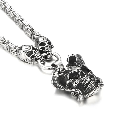 Gothic Skull Snake Necklace for Men Women Stainless Steel Silver Tone Cuban Link Chain Punk Retro Mens Jewelry Pendant Necklace