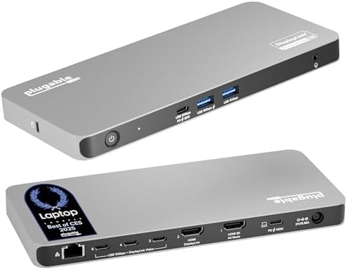 Plugable USB C Docking Station 5 Monitors, 140W DisplayLink Dock Connects up to Five 4K Displays for MacBook Windows Thunderbolt 4 Laptops, 2x HDMI, 3x USBC 2.5Gbps Ethernet, Driver Required UD-7400PD