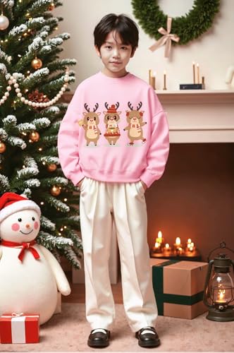 QHKEPW Christmas Boys Girls Jumper Xmas Reindeer Kids Sweatshirt Toddler Top Long Sleeve Round Neck Cotton Casual Clothes T Shirt 2-3 Years Old Pink - Image 4
