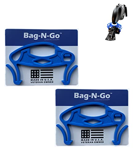Image of Ultra Slim Bag Holder For Leash-One-Handed Operation- Keeps Rolls Secure Without Unrolling-Double Bag Hooks For Full Bags- Includes (1) Roll of Dog Waste Bags (2 Pack, Blue)