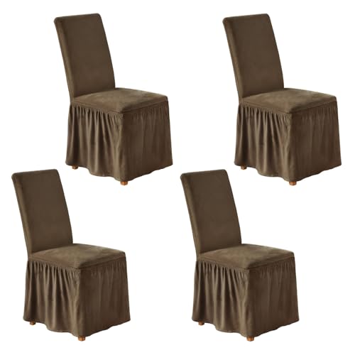 NICEEC Spandex Chair Covers for Dining Chairs Covers Set of 4 Removable Dining Room Chair Covers with Skirt Parson Chair Slipcovers Washable Chair Protector for Kitchen Wedding Party Banquet(Brown)