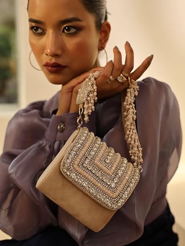 Image of THE TAN CLAN Nysa Mini Hand Embroidered Clutch Bag for Women with Handle - Elegant Evening Handbag, Stylish Clutch Purse with Magnetic Closure, Perfect for Weddings, Parties, Gifting