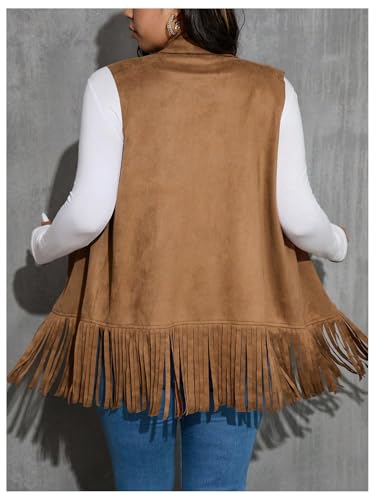 Women's Plus Size Fringe Suede Vest 70s Hippie Faux Western Jacket Tassel Sleeveless Cardigan2