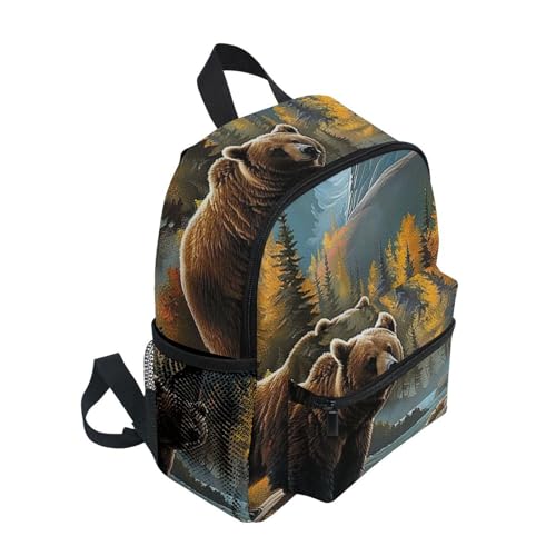 GAIGEO Landscape Brown Bear Backpack for Kids Backpack for Kindergarten Boys with Front Pocket, Safety Whistle for Ages 3-82