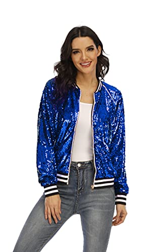 SHINEVAN Zip Up Sequin Bomber Jacket Lightweight Coat Daily Party Royal Blue Small