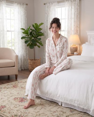 Image of Laura Ashley Women's Plush Knit Pajamas 2 Piece Ultra Soft Brushed Long Sleeve Button Down Top and Pants Sleepwear Set