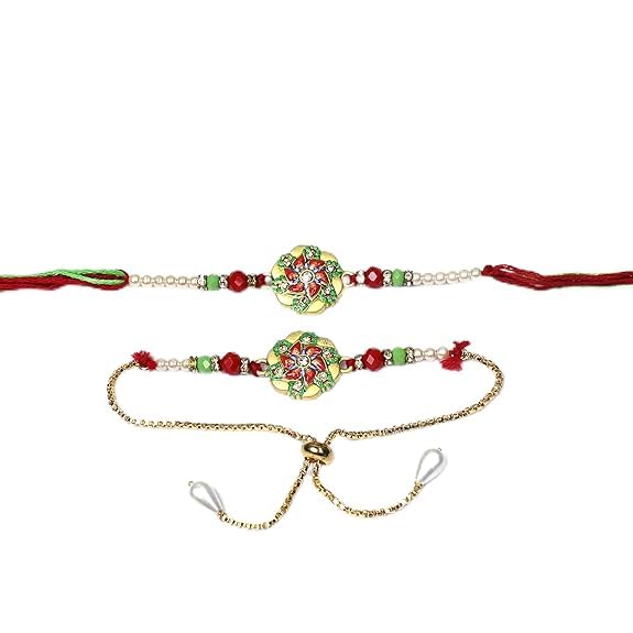 Image of Oblivion Rakhi Set for Brother and Bhabhi - Peacock with Feather Gift for Bhai & Lumba for Bhabhi with Silver Colour Coin and Greeting Card - Raksha Bandhan Combo