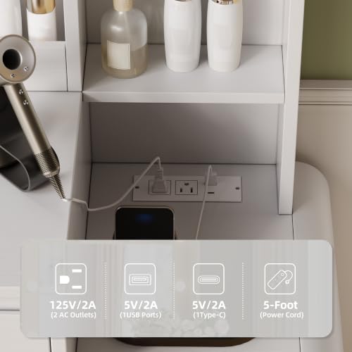 Image of 39.3 inch Makeup Vanity Desk with Charging Station, White Makeup Dressing Table with Mirror & Lights, 3 Lighting Modes Adjustable Brightness, Vanity Table with Power Outlet & 5 Drawers Curved Design