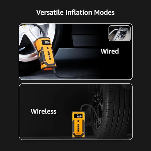 Image of amazon basics 2-in-1 Digital Tyre Inflator|150 PSI Dual-Mode Portable Air Compressor|3x2000 mAh Battery|Copper Winding Motor, LED Light, Auto Shut-off | Multiple Nozzle for Cars, Bikes | Orange, Black