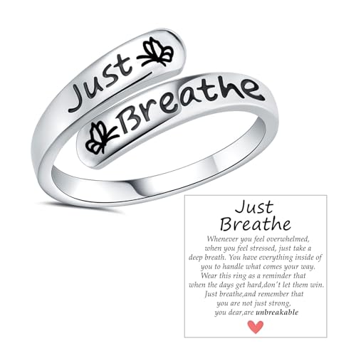 Butterfly Just Breathe Ring for Women 925 Sterling Silver Adjustable Hope Inspirational Jewelry Encouragement Gifts
