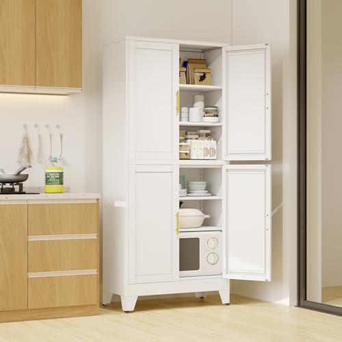 Image of 75 inch Tall Kitchen Pantry Cabinet, White Metal Pantry Storage | Storage Cabinet with Doors and 3 Adjustable Shelves, Steel Storage, Bathroom cabinets Organizer, Cupboard for Home, Office