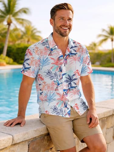 Image of Yoimira Hawaiian Shirts for Men, Print Mens Casual Short Sleeve Button Down Shirts Floral Aloha Beach Shirt