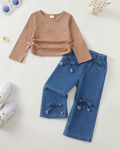 Image of Kucnuzki Toddler Baby Girl Clothes Long sleeve Fall Winter Shirt Tops Baggy Jeans Pants Set Kids Girls Outfits 2 Piece