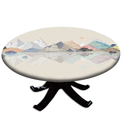Elastic Edge Round Fitted Tablecloth Watercolor Painting Mountain Peaks Waterproof Wipe Clean Polyester Table Cover Waterproof Stain-Resistant Oil-Proof Wrinkle Table Cover 48 Inch #TOP1