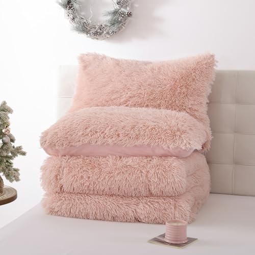 Smoofy Fluffy Twin Comforter Set, Faux Fur Comforter Set Pink, Luxury Fuzzy Twin Bedding Set Pink, Soft Shaggy Bed Set for All Season, 2 Pieces - 1 Comforter & 1 Pillowcase, Blush