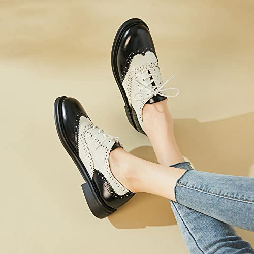Shemee Women's Vintage Wingtip Lace Up Two Tone Oxfords Pumps Flat Low Heels Round Toe Retro Brogue Dress Shoes(Black-White, Us 7) #TOP4