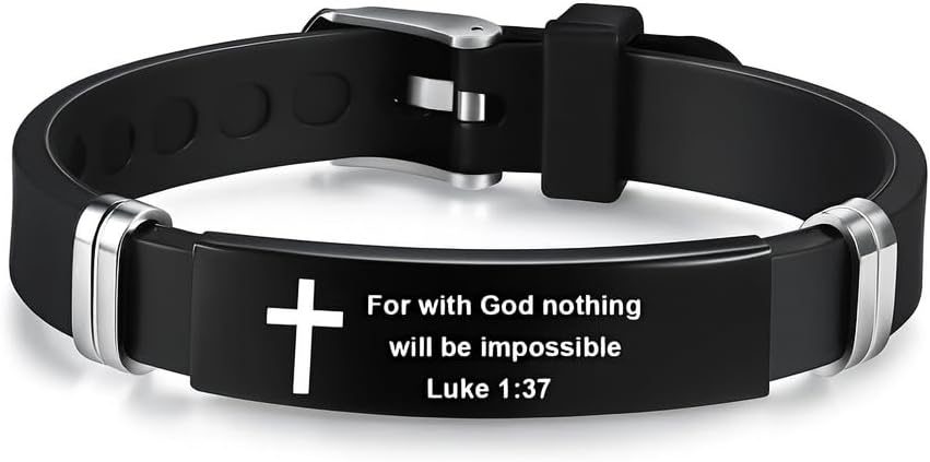 Christian Cross Bracelet with Proverbs 3:5, Phillipians 4:13, Matthew 19:26, Isaiah 41:10, Luke 1:37, Matthew 28:20 Scripture, Black Silicone Adjustable Watch Band, 9.05 inch Length