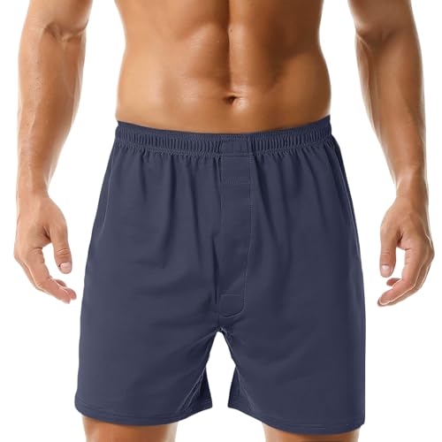 Pantaloncini da pigiama da uomo in cotone casual leggero boxer tinta unita vestibilità ampia pantaloni da salotto elastici in vita pantaloncini leggeri, Blu, M