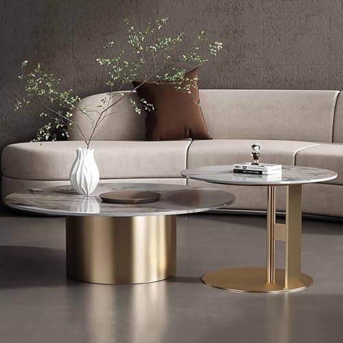 Modern Marble Top Nesting Coffee Table Set of 2 Mid Century Round Coffee Table and End Table with Metal Base B80cm