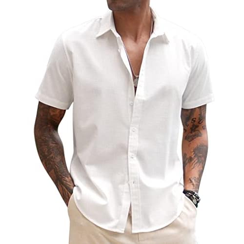 COOFANDY Men’s Linen Casual Short Sleeve Shirt Button Down Summer Beach Shirts
