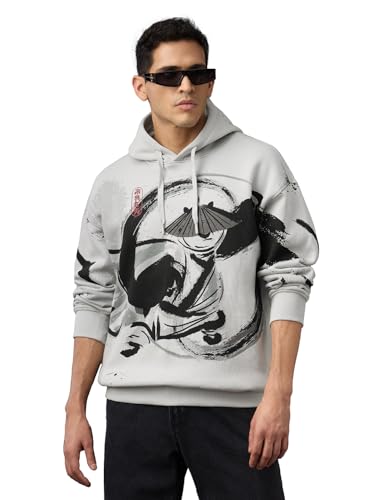 Image of The Souled Store Kung Fu Panda: The Hero Men and Boys Full Sleeves Hooded Neck Grey Graphic Cotton Blend Oversized Fit Hoodie