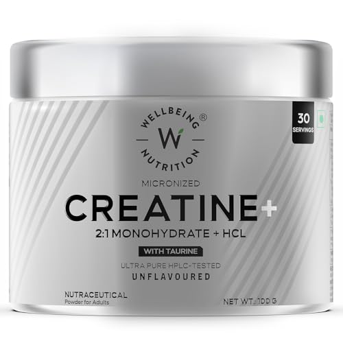 Wellbeing Nutrition Creatine Monohydrate + HCL Micronised Powder in 2:1 | Rapid Absorption | Enhanced Muscle Strength, Recovery, Power & Cognition | For Men & Women Unflavoured 100g, 33 servings Wellbeing Nutrition Creatine Monohydrate + HCL Micronised Powder in 2:1 | Rapid Absorption | Enhanced Muscle Strength, Recovery, Power & Cognition | For Men & Women Unflavoured 100g, 33 servings
