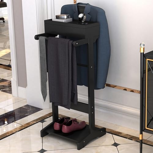 Image of Wooden Valet Stand for Men, Modern Mens Valet Stand with Tray Organizer, Shoe Shelf, Hanging Rod & Suit Rack, Freestanding Clothes Rack for Bedroom Entryway Office, Black