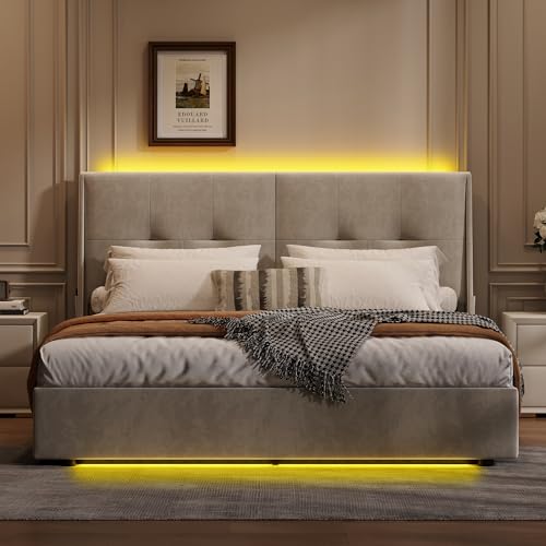 Mutuolux Lit avec Sommier LED,Lit Coffre de Rangement à Lattes en Bois,Hydraulique Cadre de Lits Double Rembourré sous 2 Personnes pour Adultes et...