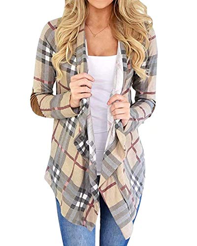 Inorin Womens Plaid Open Front Cardigan Shawl Collar Long Sleeve Elbow Patch Draped Outwear Khaki