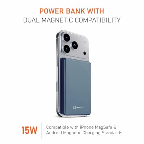 Image of Muvtech Aeroslim 5000mAh Slimmest Magnetic Wireless Power Bank, Metal Body, Ultra Slim Mini Pocket Size, 20W Fast Charging, Type-C in /Out for iPhone, Samsung & Pixel
