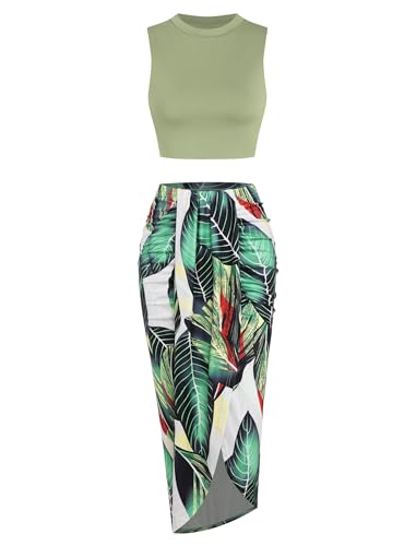 Image of ZAFUL Women's Casual Sleeveless Summer Two Piece Outfits Crop Top and Side Split Draped Ruched Maxi Skirt Set Solid Suiting