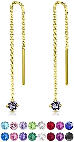 DTPsilver® 925 Sterling Silver Yellow Gold Plated SMALL Pull Through Drop Chain Earrings & MINI Round Dangling 3 mm Glittering Crystals from Swarovski® Elements - Length 57 mm