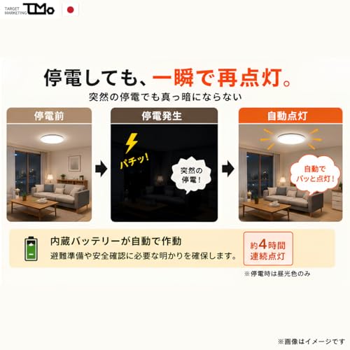 停電しても明るい LEDシーリングライト バッテリー内蔵 自動点灯 停電対策 防災ライト 調光 調色 リモコン付 常夜灯 リン酸鉄リチウムイオン電池採用 1,800サイクル 長寿命 簡単取付 停電時4時間点灯 防災家電 (12畳用) [3]