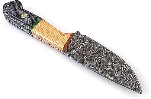Damascus Knives Custom Handmade Damascus Hunting Knife- Best Damascus Steel Blade Hunting Skinning Knife- Fixed Blade Hunting Knife With Sheath Belt Loop (Black&olive) 20101