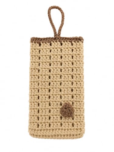 Image of Handmade Crochet Mobile Pouch for Women & Girls | Knitted Phone Holder with Wrist Strap | Cute Floral Aesthetic Mobile Cover Case | Soft Yarn Handmade Gift (lt Beige)