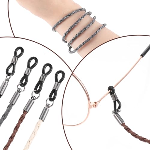 Amabro 4PCS Leather Eyeglass Straps, Multicolor Eyewear Retainer Lanyards Eye Glass Chain for Women Men Glasses String Holders Braided Accessory Chain Around Neck(Black+White+Grey+Dark brown)
